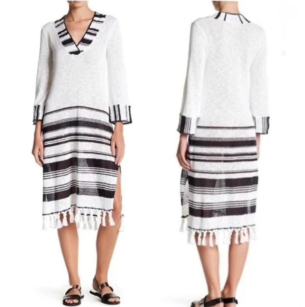 Calypso White Black Striped Long Sleeve Linen Blend Fringe Cover Up Dress 0 XS S